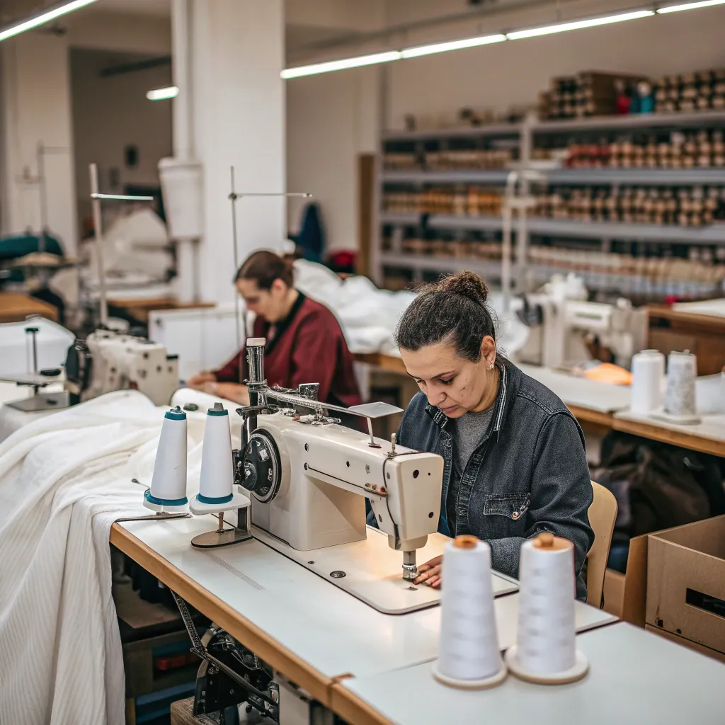 Tailoring workshop with sewing machines and fabric